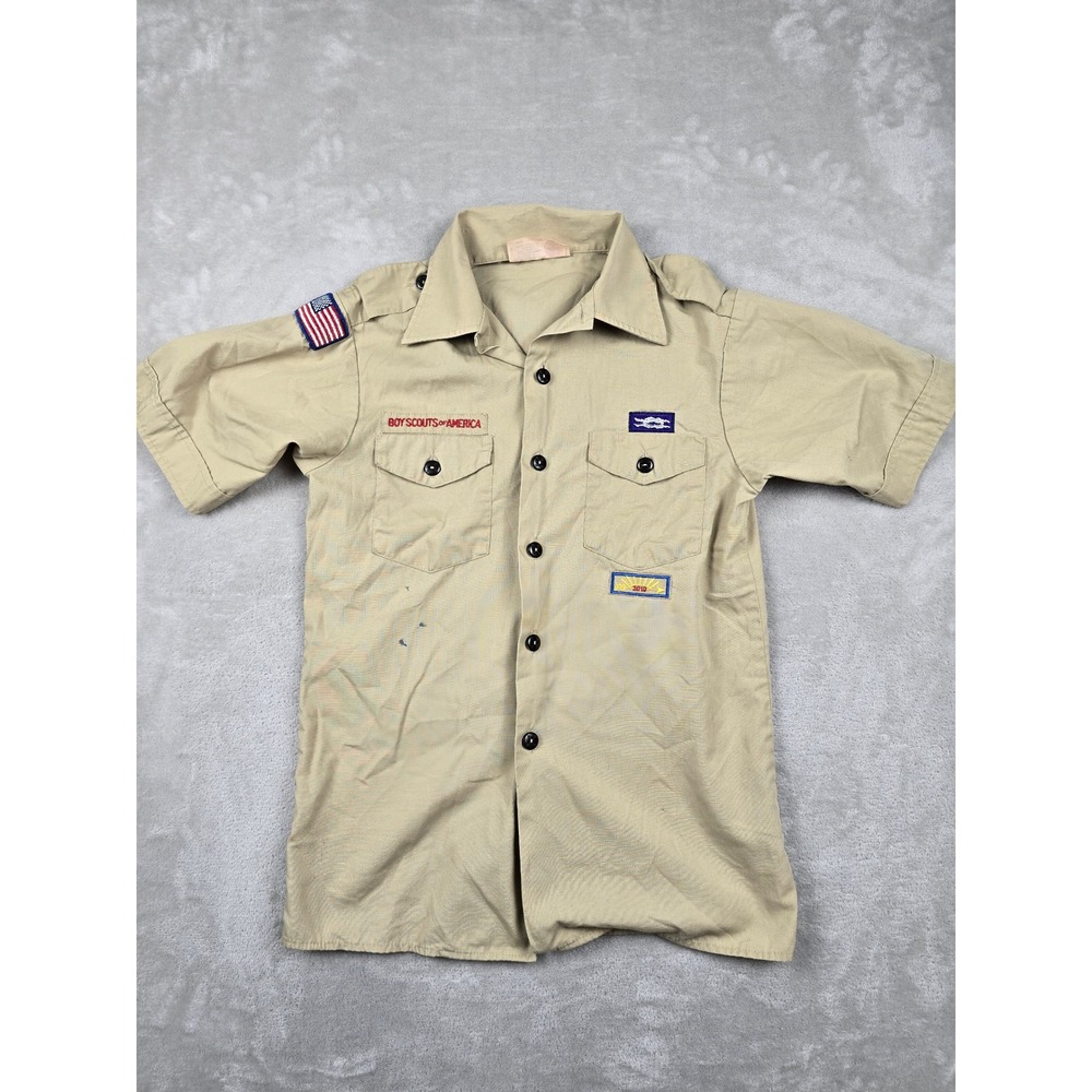 Boy Scouts of America Shirt Kids‎ Youth Large Tan Short Sleeve Patches Gorpcore